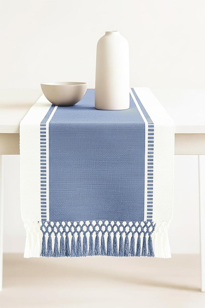 PurpleEssences Table Runner - Wide with Dobby Stripe, Heavy Ribbed Weave & Double Knot Fringes, 14x72 Inch (14x77.5 with Fringes) Farmhouse Decor Spring Easter Summer - French Blue and H.White