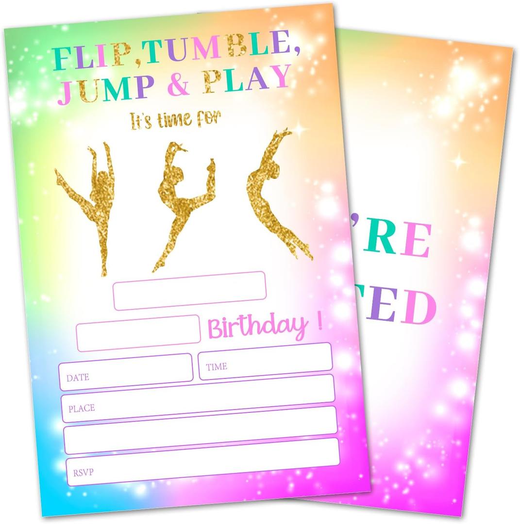 Flip Tumble Jump & Play Birthday Party Invites Cards for Kids, Gymnastics Birthday Invitations for Boys Girls, 20 Invitation Cards With Envelopes Tie Dye Rainbow Birthday Party Supplies -A003