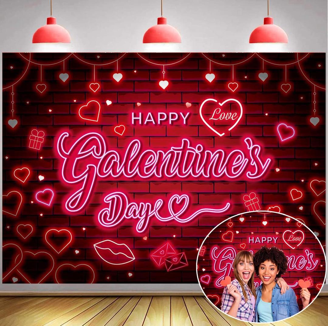 Happy Galentine's Day Banner Backdrop 7x5FT Red Pink Neon Galentines Day Party Decorations Galentine Girls Party Decor Background Happy Galentine's Day Party Decorations (84'x60')
