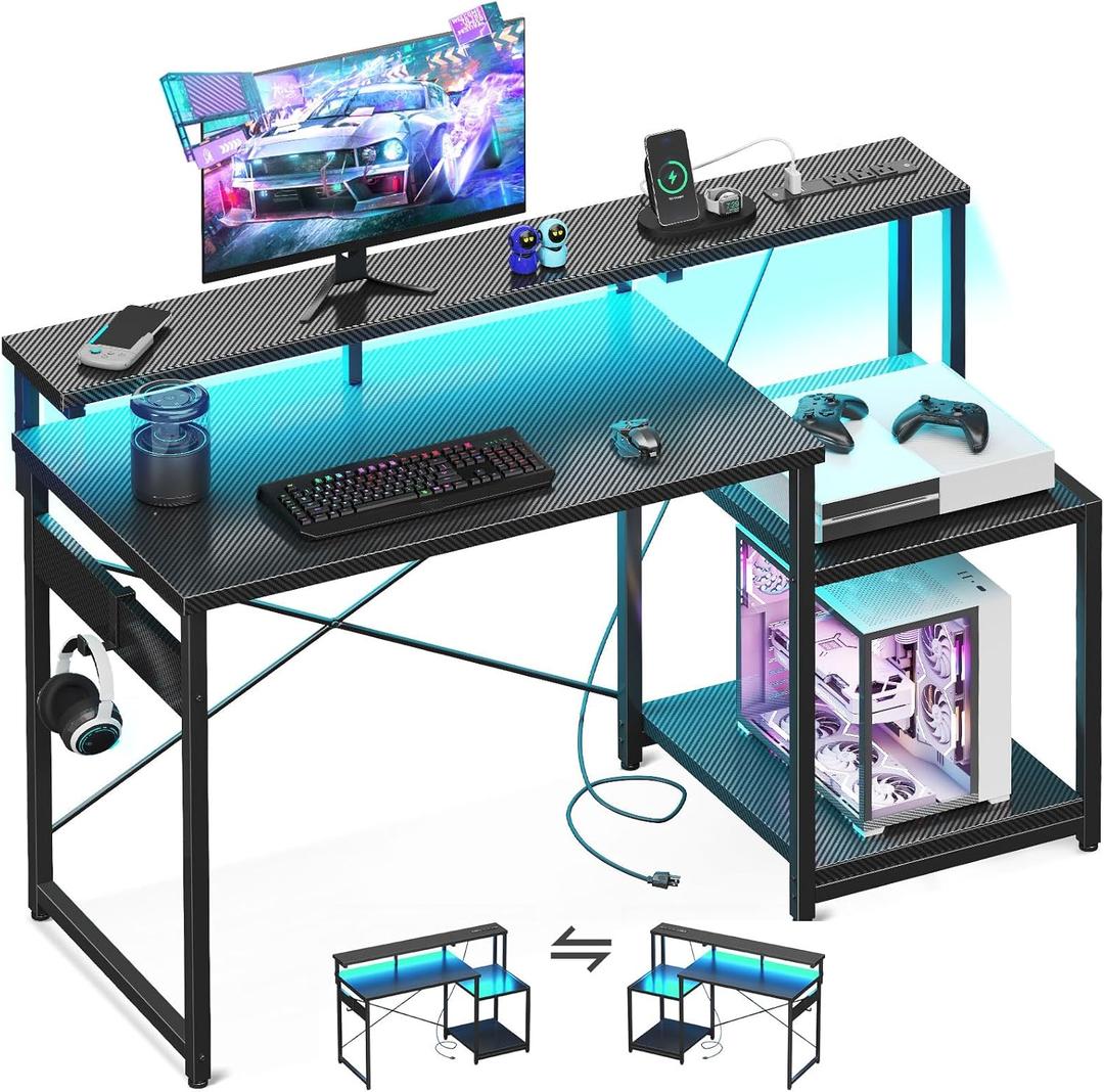 AODK Computer Desk, 48 Inch Gaming Desk with Led Lights & Power Outlet, Office Desk with Printer Storage Shelves, Reversible Desk with Monitor Shelf & Headphone Hook, Carbon Fiber Black