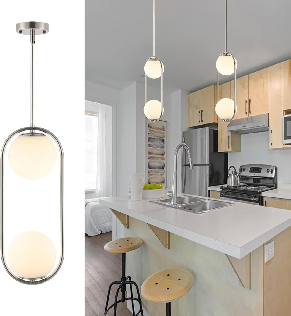 Modern Globe Pendant Light 2-Lights Brushed Nickel Chandelier Mid Century Ceiling Hanging Lighting Fixture White Globe Glass Shades for Kitchen Island Dining Room Bedroom