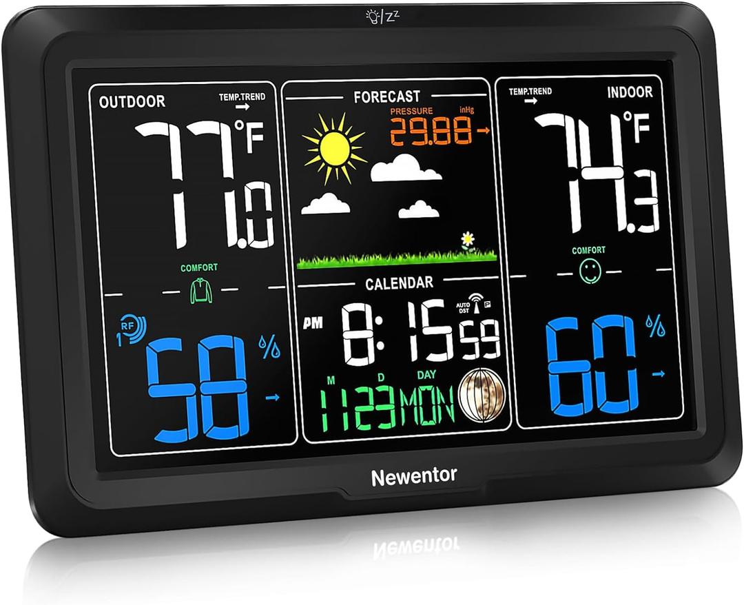 Newentor Weather Station Wireless Indoor Outdoor, Indoor Outdoor Thermometer Wireless, 7.5" Home Weather Stations with Atomic Clock, Temperature Humidity Gauge, Weather Forecast and Barometer, Black (With 1 Sensor)