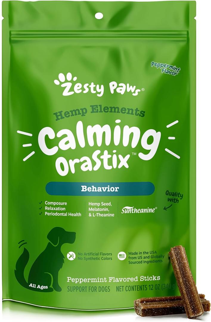 Zesty Paws OraStix for Dogs - Calming Dental Sticks for Stress with Hemp Melatonin Chamomile Dog Healthy Teeth and Gums Calm Composure for Fireworks and Thunderstorms - 12oz BB 8/2026