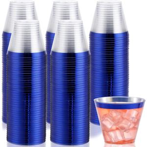 DaYammi 120Pcs 9 Oz Blue Plastic Cups Disposable Clear Plastic Party Cups with Blue Rim Heavy Duty Disposable Wine Glasses Fancy Hard Drinking Tumblers plastic Cocktail Cups for Wedding Party