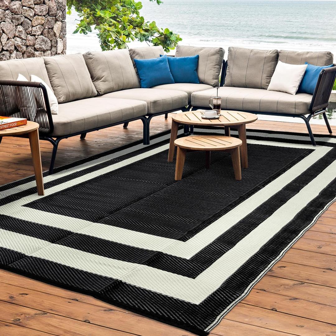 Outdoor Rug Carpet Waterproof Reversible Mats 5x8 ft Patio Rug RV Camping Rug, Plastic Straw Rug Area Rug for Balcony Picnic Beach(Black and White)