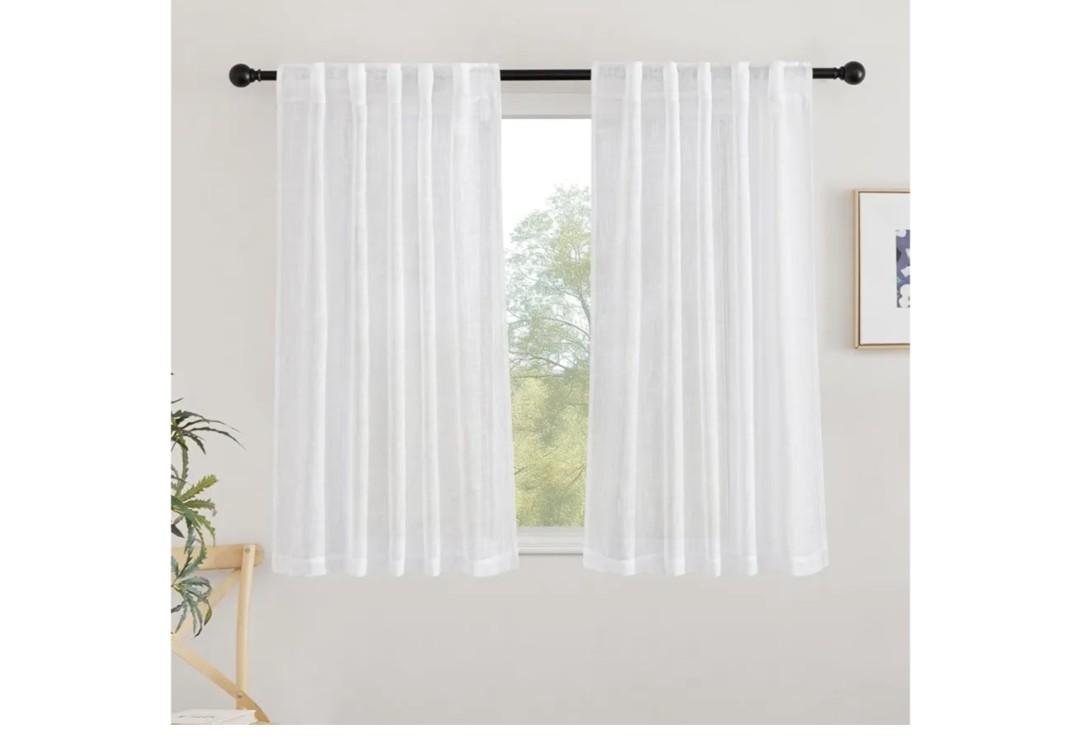 NICETOWN White Faux Linen 48 inch Curtains for Cafe, Rod Pocket & Back Tab Linen Weave Window Treatments Privacy with Light Filtering Semi Sheer Curtains for Kitchen, W42 x L48, 2 Panels