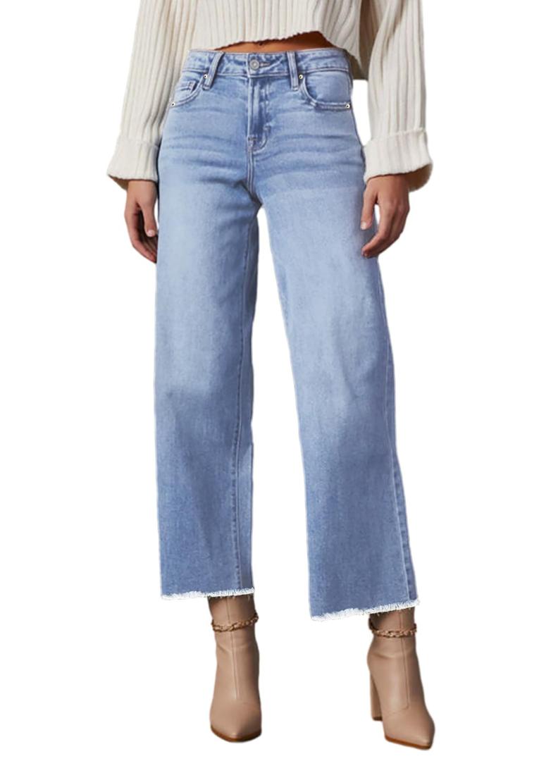 Bbkkuck Women's High Waisted Wide Leg Cropped Jeans Light Blue (Blue, XXL)