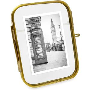 Isaac Jacobs 2x3 Vintage Style, Round-Edged Brass & Glass Metal Floating Picture Frame with Locket Closure (Vertical), Made for Tabletop Display (2x3 Vertical, Antique Gold)