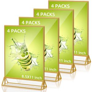 Acrylic Sign Holder 8.5X11 Double Sided Clear Display Stand, Gold Plastic Display Stand for Home Office Shop Restaurant (4pcs)