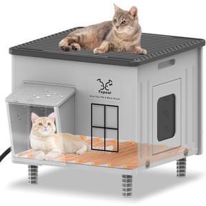 Tepoal 17.7"x17"x17.5" Plastic Heated Cat House for Outside Winter, Weatherproof Outside Cats Shelter with Safety Escape Doors and Heating Pads, Elevated Feral Cat House for Wild and Stray Cats (Grey)