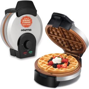 Gourmia Belgian Waffle Maker Compact Design with Upright Storage, Adjustable Browning, and Easy-Clean Nonstick Ceramic Plates, Stainless Steel