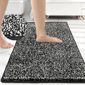 HDFK Bathroom Rugs | Non Slip Washable Bath Mats 30x20 Inches 2 Tone Chenille Medium Pile TPR Backing Floor Mat | Quick Dry Water Absorbent Black and White | Shower Rug for Vanity Area & Decor