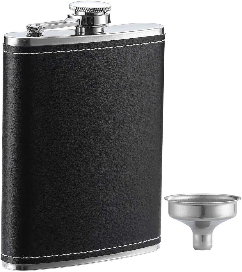 1 Pack Flask for Liquor and Funnel, Premium 8 Oz Leak Proof 18/8 Stainless Steel Pocket Hip Flask with Black Leather Cover, Great Gift Idea