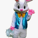 To.beone Easter Bunny Mascot Costume with Blue Vest and Yellow Bow Tie, Adult Size Rabbit Character Suit for Events and Parties