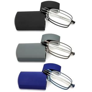 REAVEE 3 Pack Folding Reading Glasses for Men Women, Blue Light Blocking Computer Readers Spring Hinge with Small Compact Case, Black Blue Grey 2.75