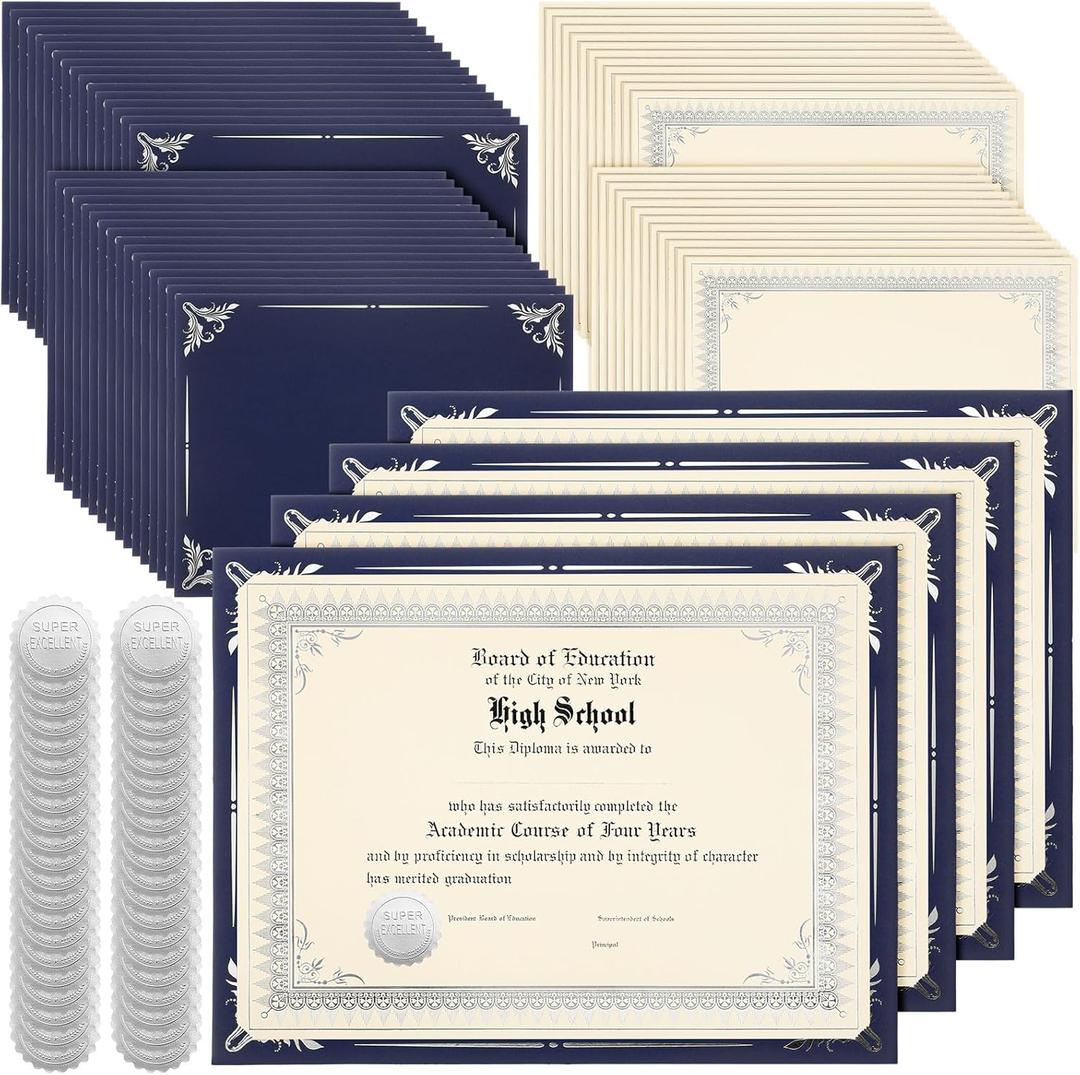 Fainne 100 Sets Certificate Paper Kit Single Sided Awards Holder with Foil Border for 8.5 X11 Certificate Covers Foil Award Seals Stickers Diploma Covers(Navy Blue with Silver Foil)