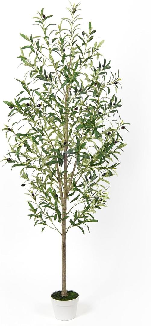 Artificial Olive Trees with Lifelike Natural Trunk, Leaves, Moss and Fruits, 6FT Tall Faux Olive Tree with White Versatile Nursery Pot, Fake Plants for Indoor Home Decor, Office Decor, Room Decor