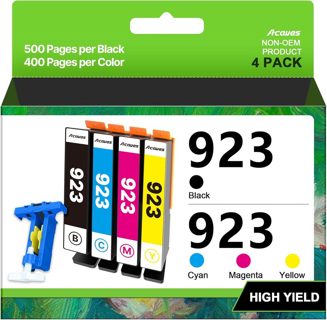 923 Ink Cartridges for HP Printers Compatible for HP 923 Ink Cartridges HP923 for HP Office jet Pro 8130e 8120e 8135e 8139e 8120e 8125e Printers (4 Pack, 923 Ink Black Cyan Magenta Yellow Without Chip)