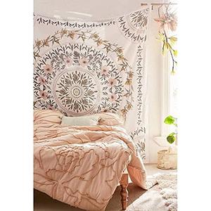 Orange Bohemian Tapestry Wall Hanging, Mandala Floral Medallion Hippie Tapestry with Light Brown Aesthetic Wreath Design, Cream Wall Decor Blanket for Bedroom Home Dorm