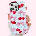 Case for iPhone 14 Pro Max Case,Cute Pink Ribbon Bow Cherry Pattern Phone Case with Shockproof Slim Soft TPU and Hard PC Protective Cover for Girls Women (Glossy)
