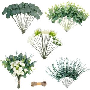 Artificial Greenery Stems Set 110 Pcs 8 Kinds of Faux Eucalyptus Stems and Flowers Fake Silver Dollar Eucalyptus Leaves Stems Bulk for Wedding DIY Bouquets Vase Table Centerpieces Decor