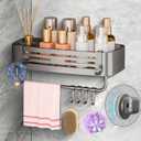 Shower Caddy Suction Cup, No Drilling Removable Shower Shelf with Towel Bar & Portable Hooks, Aluminum Rustproof Bath Corner Shower Rack Organizer for Bathroom Storage (Gray)