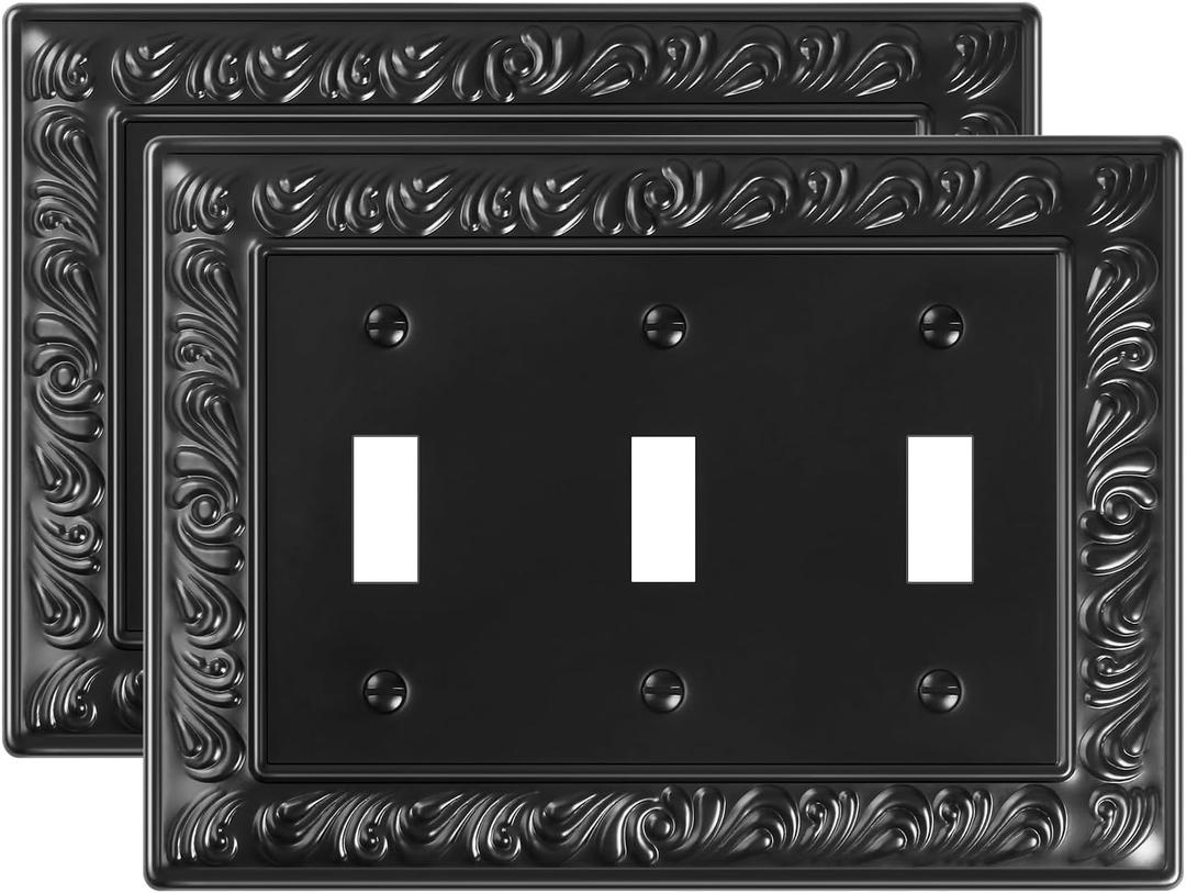 2-Pack Triple Toggle Light Switch Cover Plate, Paisley Pattern Decorative Switch Plate Covers, Black 3 Gang Metal Wall Plates, Corrosion Resistant