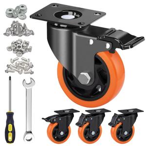 4 Inch Orange Heavy Duty Locking Caster Wheels Set of 4  2400LBS Total Capacity, PU Industrial Casters with Dual Brake for Workbench, Cart & Equipment  Heavy Duty Industrial Use Only
