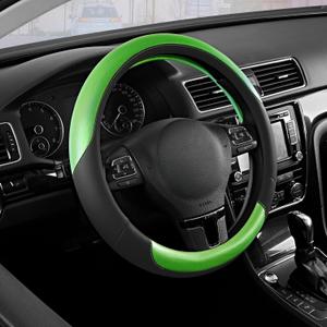 Road Comforts Steering Wheel Cover  Breathable Leather Steering Wheel Cover, Anti-Slip Grip, Universal Fit 14.5 to 15, Heat & Cold Resistant for Cars, SUVs, and Trucks  Black & Shining Green