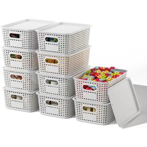 Plastic Storage Basket with Lids 10 Pack Stackable Storage Bins Containers with Lid, Decorative Storage Boxes for Organizing Shelves, Drawers, Playroom, Classroom, Office, Closet, White