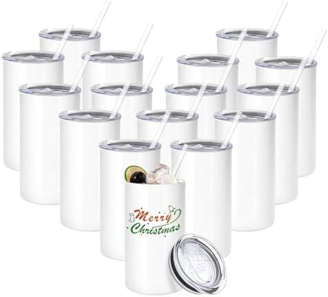 YOUKE OLA 16 Pack Sublimation Tumblers Blanks Bulk Sublimation Cups Skinny Straight Tumbler Stainless Steel Double Wall Insulated Water Bottles with Lid & Straw for DIY Gift, 12oz White