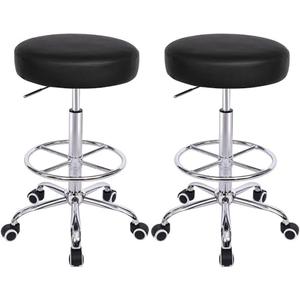 VECELO Round Rolling Stool with Footrest and Wheels, Easy Assembly PU Leather Height Adjustable Drafting Swivel Chair for Spa Salon, Office, Medical, Beauty, Bar, Lab, Black,
