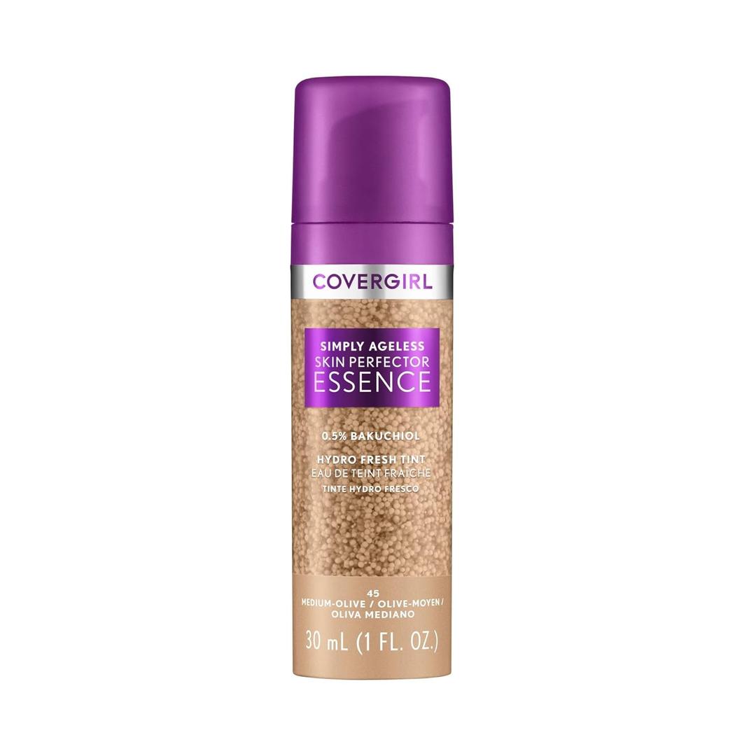 Covergirl Simply Ageless Skin Perfector Essence Foundation, 45 Medium-Olive, Tinted Skincare Makeup Hybrid, Sheer Tint, Radiant Finish, Glowy Finish, Vegan Formula, 1.0oz (1 Fl Oz (Pack of 1))