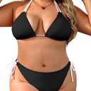 Daci Women Plus Size Triangle Bikini Sets Two Piece Double Straps Halter Swimsuit Side Tie String Sexy Bathing Suits (Black2, 18 Plus)