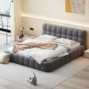 Queen Size Linen Upholstered Platform Bed with Thick Fabric and Headboard,Low Floor Bed Frame,w/Wooden Slat System & Footboard Side Rails,for Apartment,Bedroom,Guest Room,Gray