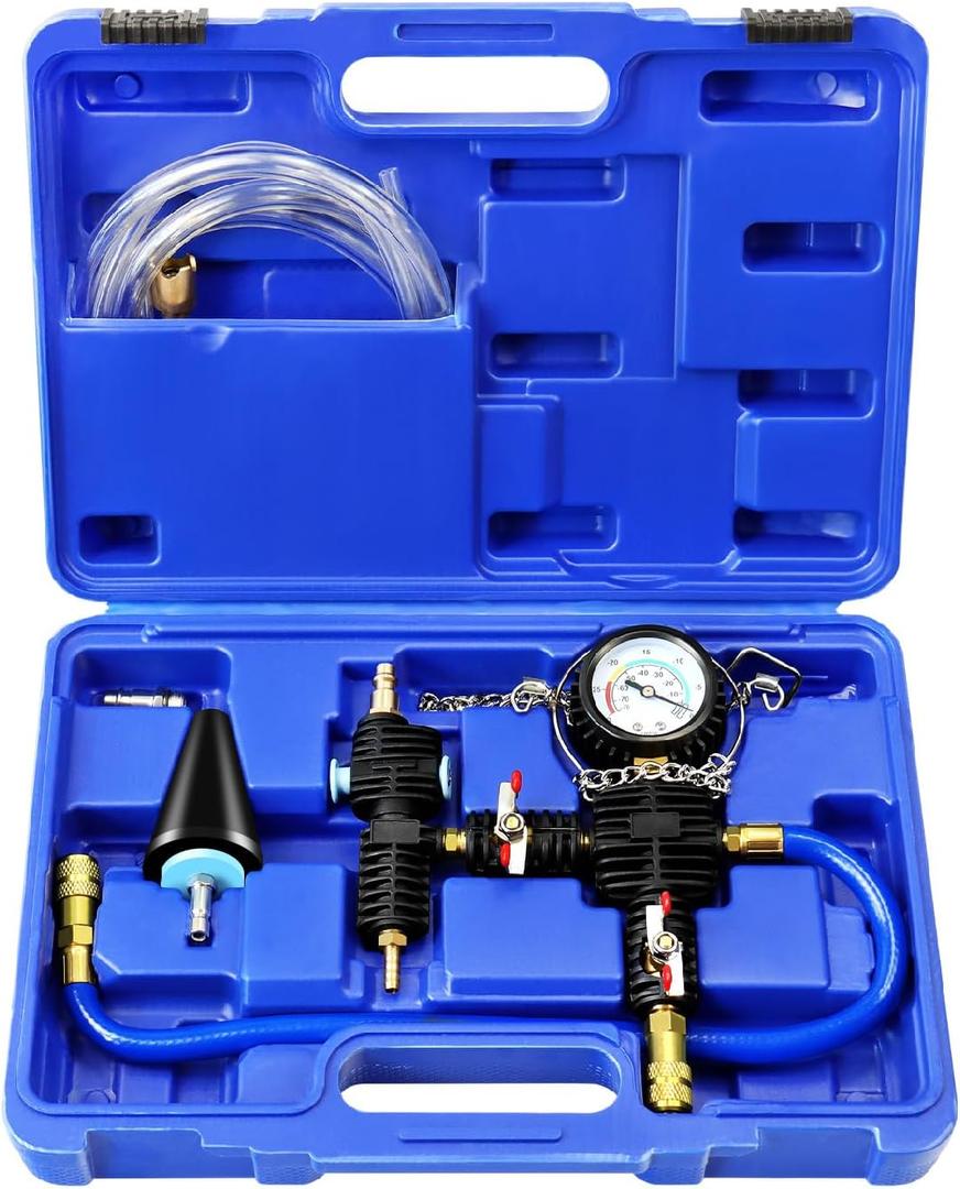 JIFETOR Cooling System Vacuum Purge Radiator Coolant Refill Tool Kit, Universal Automotive Water Tank Pneumatic Vacuum Antifreeze Change Filler Set, with Adapter Case Hose for Car Van SUV Truck