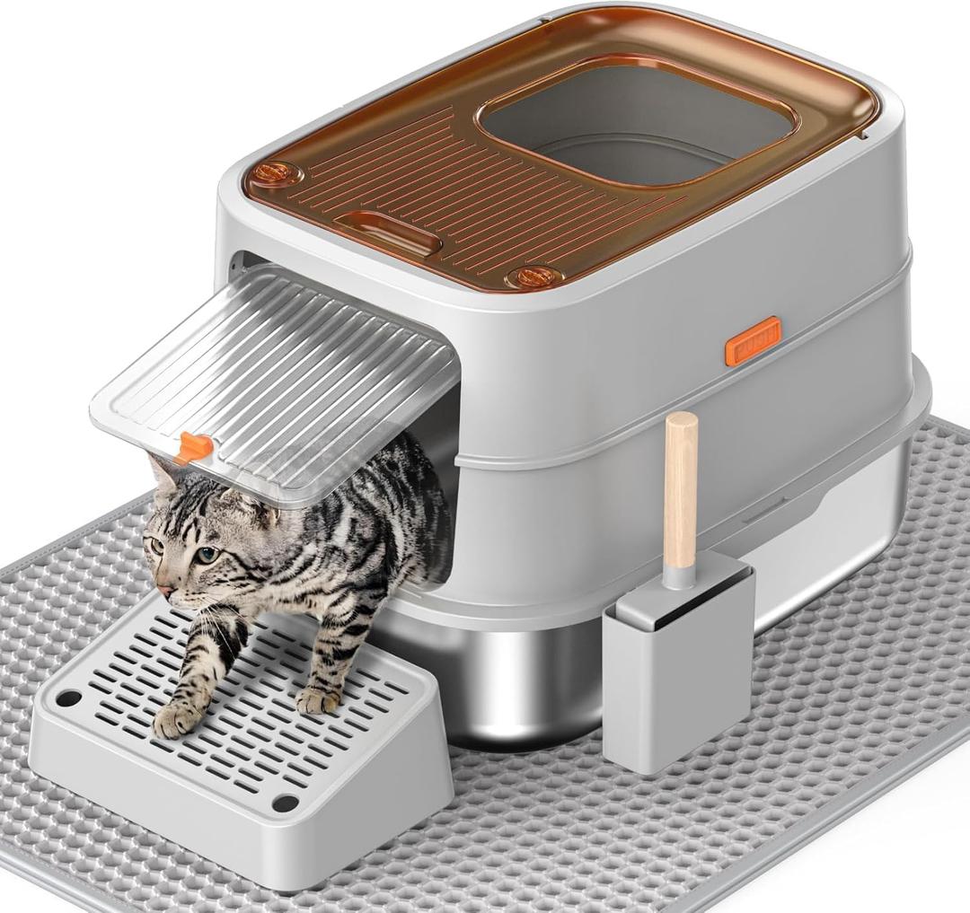 HTii- Stainless Steel Cat Litter Box, Extra Large Box for Cats, Enclosed Metal Kitty Litter Box with Litter Scooper, Odor-Urine-Proof, Non-Sticky, Easy Rinse Cleaning (Translucent-Tawny Grey)