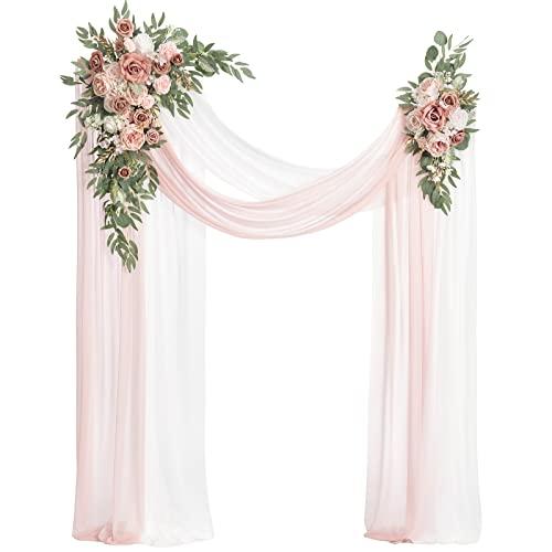 Ling's Moment Pink Artificial Wedding Arch Flowers Kit Pack of 4, 2pcs Hanging Flower Arrangement 2pcs Chiffon Drapes Ceremony Reception Spring Silk Rose Arbor Backdrop Floral Garden Outdoor Decor