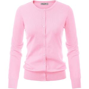 GRACE KARIN Women's Long Sleeve Button Down Crew Neck Classic Sweater Knit Cardigan (Medium, Light Pink)