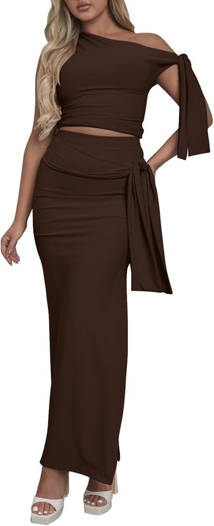 Women 2 Piece Maxi Skirt Set Sleeveless Crop Top Vacation Outfits Brown S (Brown)