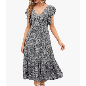 MURMUREY Women's 2023 Summer Casual Floral Print Short Flutter Sleeve Dress Deep V Neck Backless Flowy Boho Maxi Dresses ,Size L