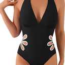 Leoparts Women's V Neck One Piece Swimsuits Halter Color Block Sunflower Side Cutout Slimming Bathing Suit Swimwear M