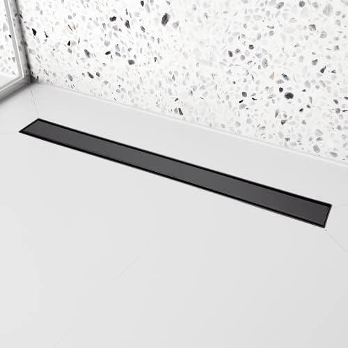 32 inch Linear Shower Drain with Removable Square Hole Panel by Using 304 Stainless Steel Process, Linear Drain Equipped with Adjustable Feet and Hair Strainer（Matte Black Color）