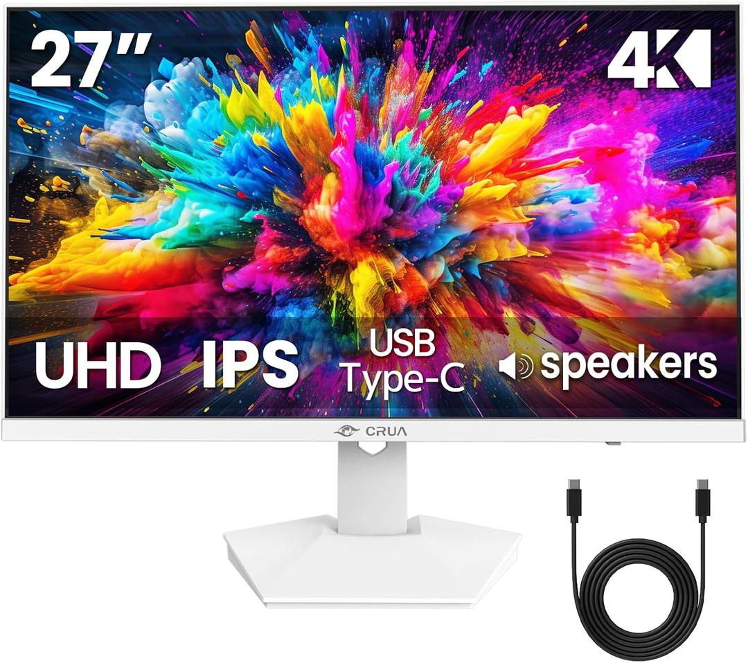 CRUA 27" 4K White Monitor, UHD(3840x2160P) IPS Panel, 60Hz Computer Monitor, Supports AMD Freesync, USB Type-C, 120% sRGB, Built-in Speakers, Wall Mountable, for Work, Streaming, and Home Office