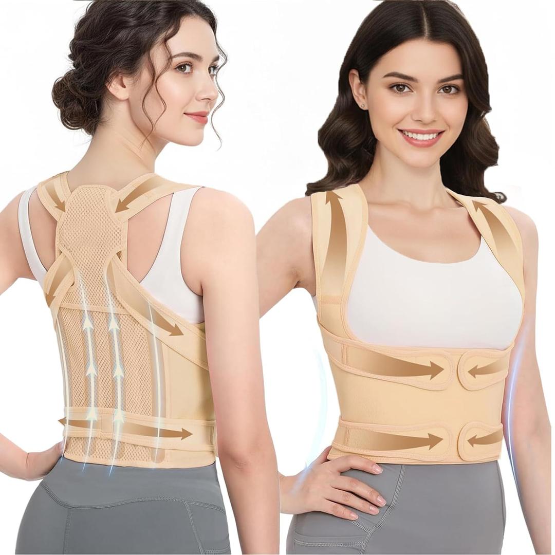 Posture Corrector for Women & Men  Adjustable Back Brace with Full Back Support, Shoulder Straightener for Spine Alignment, Scoliosis, Hunchback & Back Pain Relief (Beige, Medium)