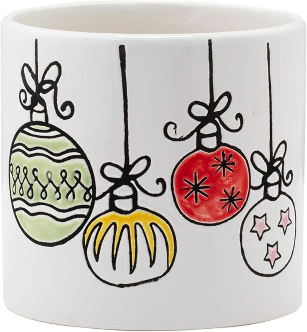 Napco Festive Christmas Ornament Ceramic - Hand-Drawn Style Holiday Plant Pot 5 Inch Tall White & Multicolor Seasonal Decor for Indoor Plants