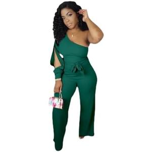 Fiocko Women's Sexy One Shoulder Slit Sleeve High Waist One Piece Pant Outfit Wide Leg Jumpsuit Romper Size S