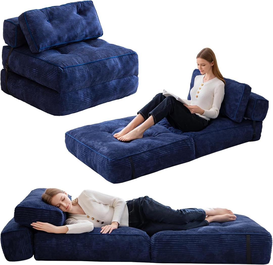 HIGOGOGO Folding Couch Sofa Bed, Convertible Sleeper Chair with Pillow Foldable Mattress with Back Support, Portable Fold Out Chair Bed Floor Mattress,Comfy Floor Sofa for Living Room,Bedroom (Standard, Navy)