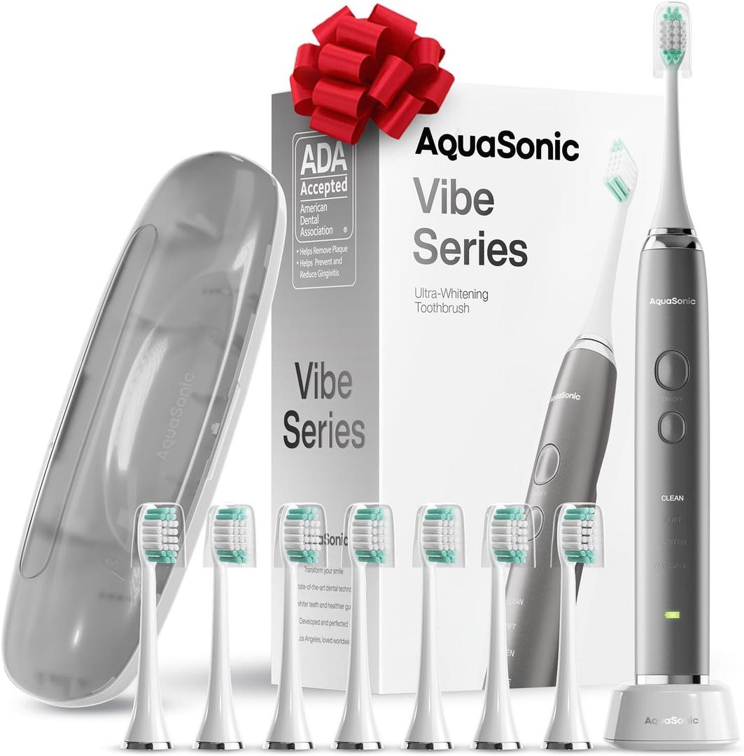 Aquasonic Vibe Series Ultra-Whitening Toothbrush  ADA Accepted Electric Toothbrush - 8 Brush Heads & Travel Case  40,000 VPM Motor & Wireless Charging - 4 Modes w Smart Timer  Charcoal Metallic