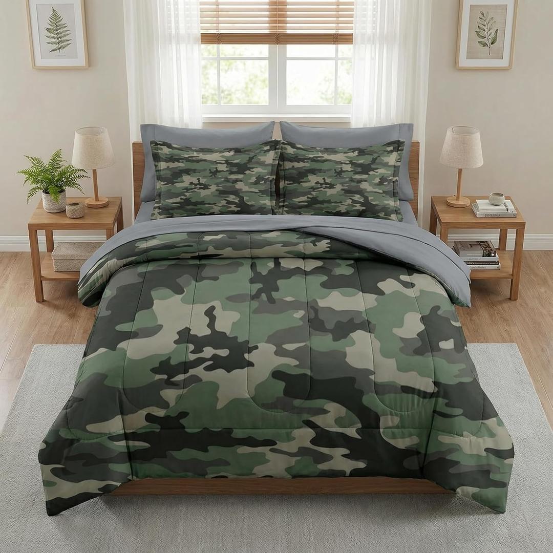 Pamnest Comforter Set Full Size, Camo Army Camouflage 7 Pcs Bedding for Kids and Adults, Military Bed Sheet Sets with Fitted Sheet 2 Pillowcase & 2 Sham for Bedroom Bed Decor